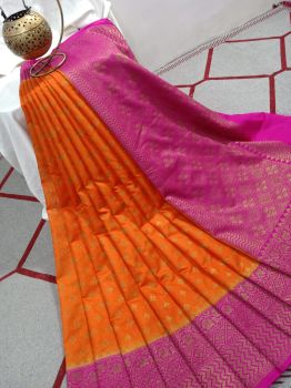 Orange Pink Silk Pure Handloom Zari Butta Design Saree