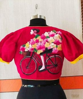 Red Hand Print Cotton Readymade Blouse