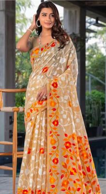 Tan Pure Handloom Cotton Jamdani Saree From Banaras