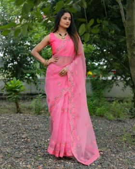 Pink Flower Embroidery Work Organza Saree