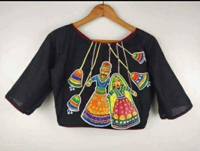 Black Hand Print Cotton Readymade Blouse