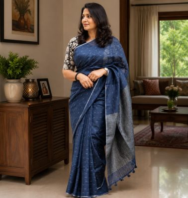 Indigo Blue Pure Handloom Linen By Linen Saree From Bengal