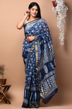 Dark Blue Maheshwari Silk Saree From Rajshthan