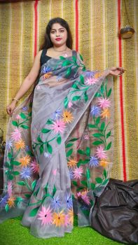 Light Grey Hand Printed Pure Handloom Organza Saree