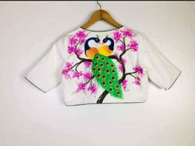 White Hand Print Cotton Readymade Blouse