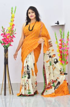 Orange Pure Handloom Khesh Cotton Saree From Bengal