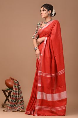 Red Pure Handloom Linen By Linen Saree From Bengal