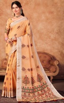 Orange Pure Handloom Linen Banarasi Saree