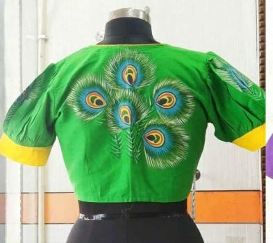 Green Hand Print Cotton Readymade Blouse