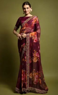 Wine Berry Pure Handloom Georgette Saree From Banaras