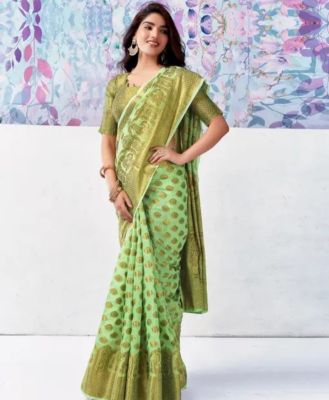 Greenish Tan Pure Handloom Silk Cotton Saree From Banaras
