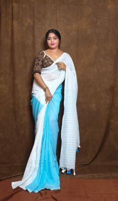 White Blue Pure Handloom Cotton Saree From Bengal