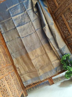 Ash Grey Pure Handloom Linen Tissue Saree From Bengal