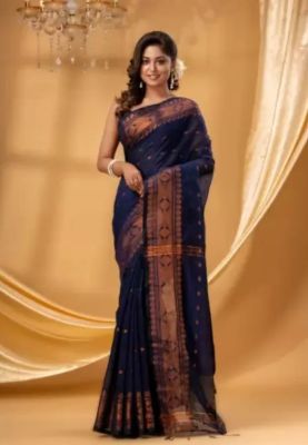 Navy Blue Pure Handloom Silk Cotton Saree From Banaras