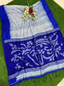 White Royal Blue Srevori Pure Soft Matka Reshom Saree From Bengal