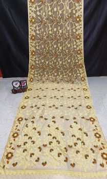 Cream Pure Handloom Muslin Dhakai Jamdani Cotton Saree From Bengal