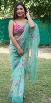 Sea Blue Flower Printed Work Pure Organza Silk Saree