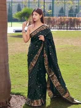 Dark Green Butta Rich Pallu Jacquard Work Banarasi Saree