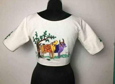 White Hand Print Cotton Readymade Blouse