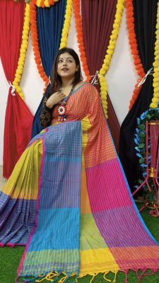 Multi Colour Pure Handloom Cotton Saree From Bengal