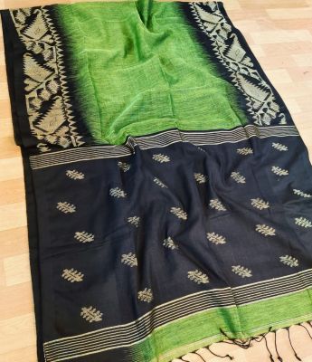 Green Black Pure Handloom Linen By Linen Saree From Bengal