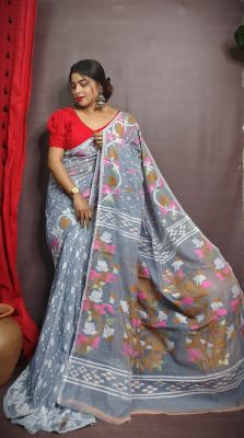 Gray Pure Handloom Dhakai Jamdani Saree From Bengal
