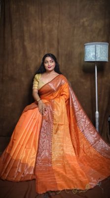 Sunrise Orange Pure Handloom Tissue Saree From Bengal