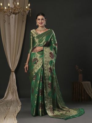 Timber Green Pure Handloom Organza Saree