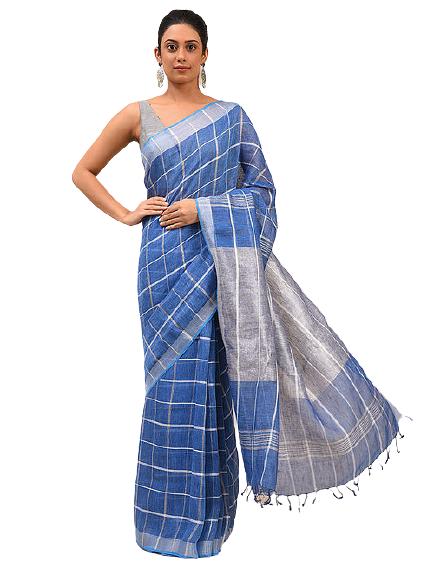 Blue Checks Bhagalpur Hand Woven Linen Saree