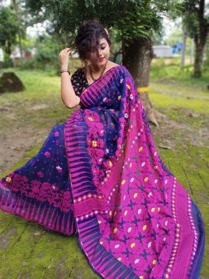 Navy Blue Pure Handloom Dhakai Jamdani Saree From Bengal