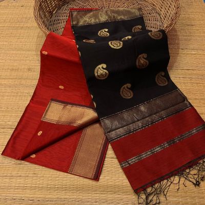Black Maroon Pure Handloom Meheshwari Silk Cotton Saree From Bengal