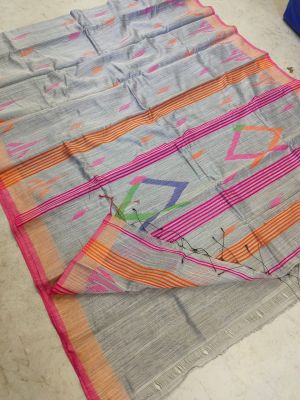 Gray Pure Handloom Silk Cotton Saree From Bengal