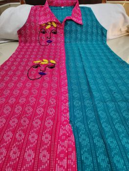 Bright Maroon And Peacock Blue Cotton Collar Kurti From Bengal
