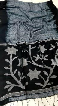 Grey Black Srevori Pure Soft Matka Reshom Saree From Bengal