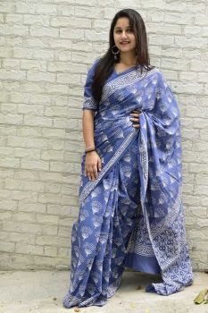 Cloudy Blue Hand Block Printed Pure Handloom Cotton Flower Design Saree