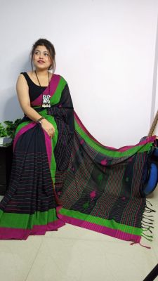 Black Pure Handloom Cotton Saree From Bengal