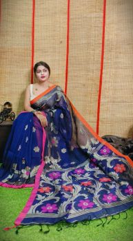 Flower Design Pure Handloom Organic Linen By Linen Saree From Bengal