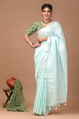 Light Sky Blue Pure Handloom Linen Cotton Saree From Bengal