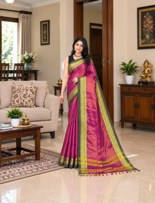 Deep Pink Pure Handloom Tissue Saree From Bengal