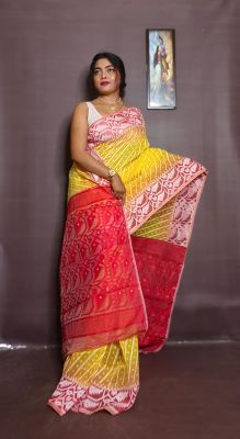 Yellow Pure Handloom Ikkat Jamdani Saree From Bengal
