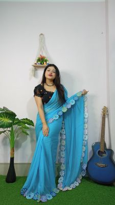 Sky Blue Pure Handloom Mul Cotton Saree From Bengal