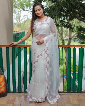 White Flower Embroidery Work Organza Saree