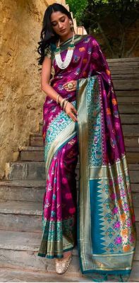 Purple Pure Handloom Banarasi Satin Silk Saree From Banaras
