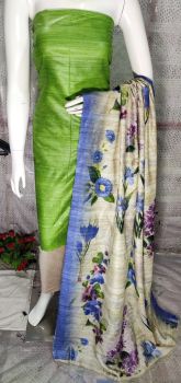 Leaf Pure Tussar Ghicha Silk Suit With Digital Print Dupatta From Bihar