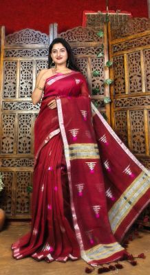 Brick Red Linen By Linen Pure Handloom Saree From Bengal