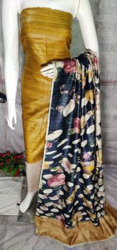 Dark Gold Pure Tussar Ghicha Silk Suit With Digital Print Dupatta From Bihar