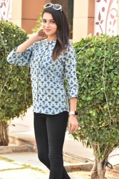 White blue Hand Block Printed Cotton Top