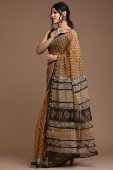 Pinkish Brown Kota Doriya Printed Leaf Design Saree