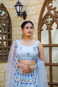 Sky and Grey Party Wear Designer Sequence Work Lehenga choli