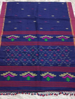 Navy Blue Pure Handloom Linen By Linen Saree From Bengal